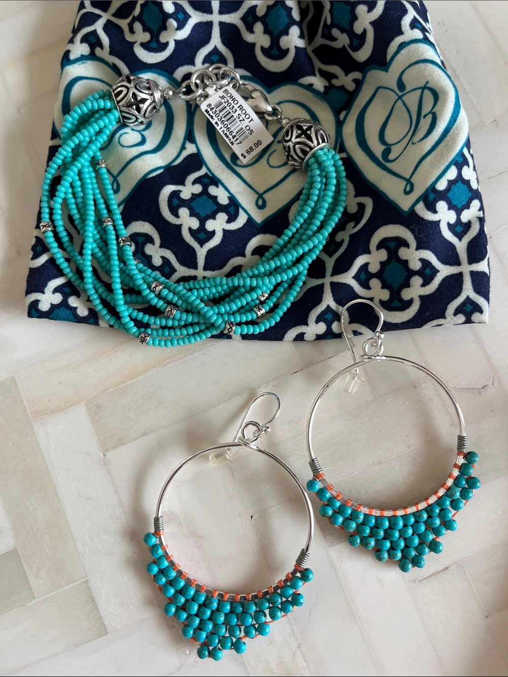 NWT Brighton Silver & Turquoise Beaded Multi-Strand Bracelet & Hoop Earrings Set